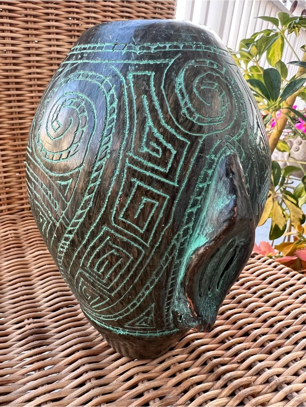 Vintage Marajoara Pottery Face Vase Brazil Amazonian Tribal Carved Geometric